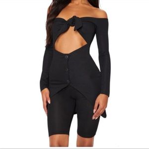 Prettylittlething Black Bardot Tie Detail Button Up Unitard